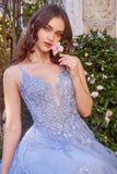 Andrea & Leo A1417 Dress Lace Appliqued A-Line Layered Tulle Gown - blue