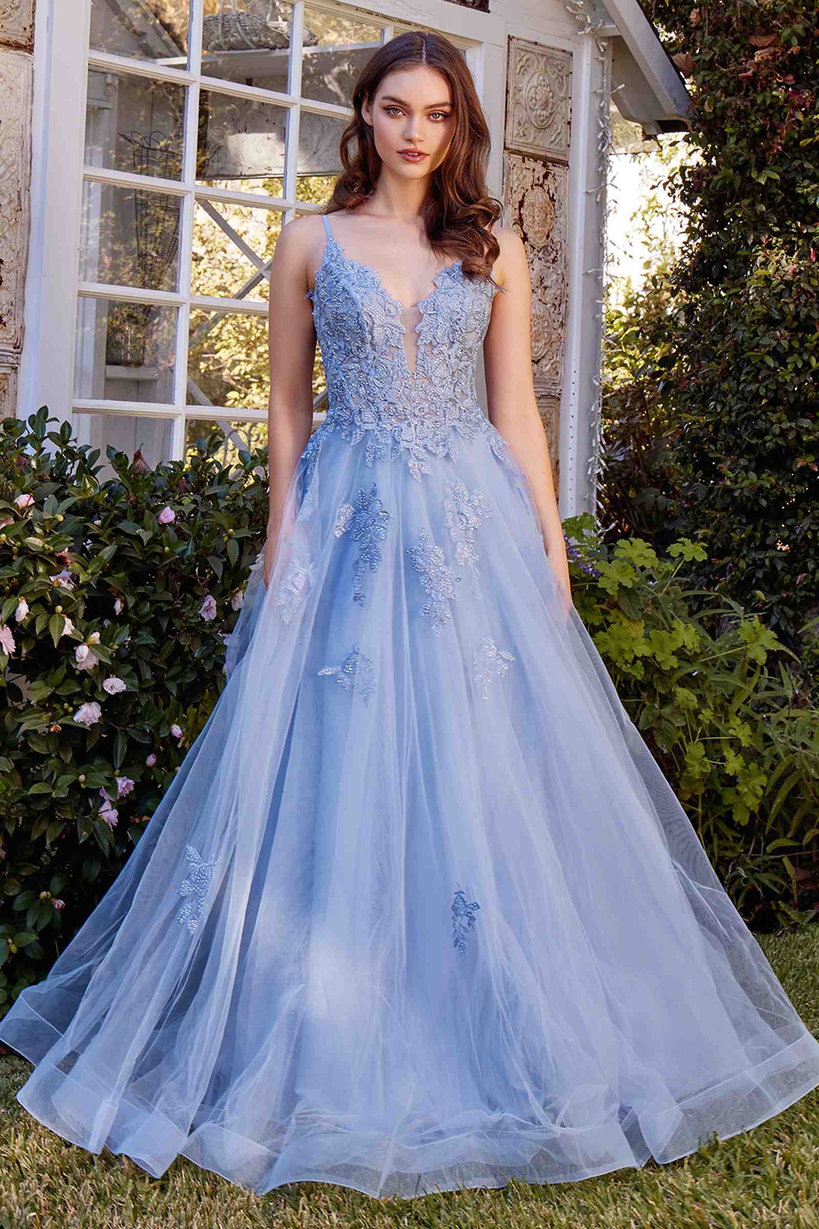 Andrea & Leo A1417 Dress Lace Appliqued A-Line Layered Tulle Gown - blue