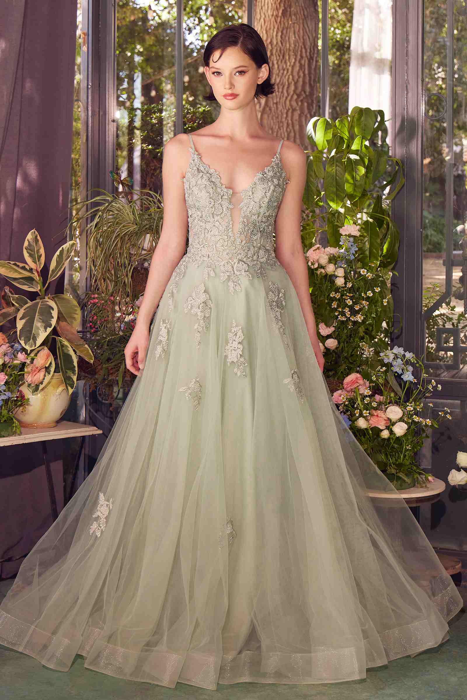 Andrea & Leo A1417 Dress Lace Appliqued A-Line Layered Tulle Gown - SAGE
