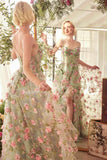 Andrea & Leo A1420 Dress Sage Floral Print Layered A-Line Gown