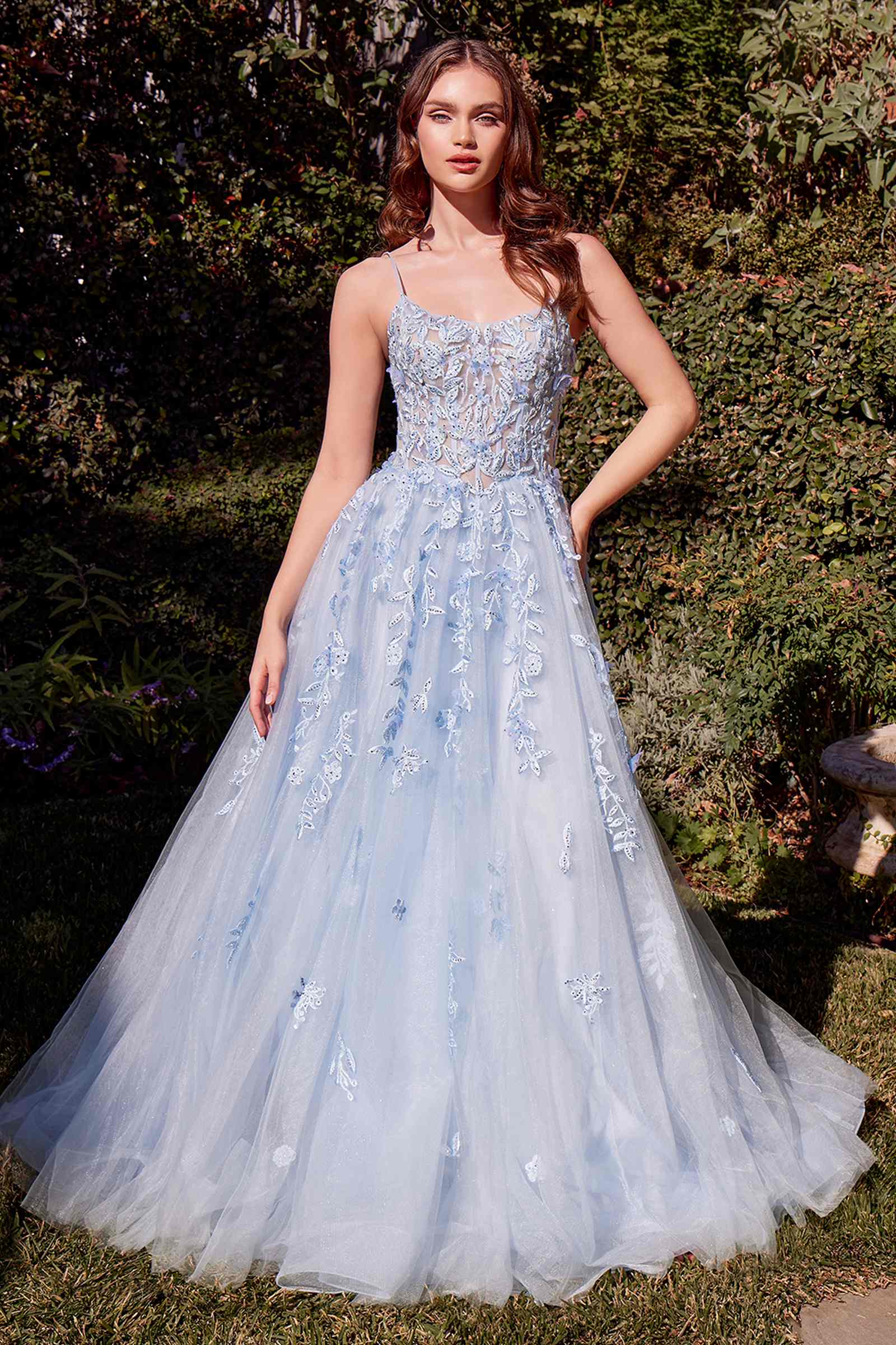 Andrea & Leo A1437 Dress Light Blue Leaf Motif Appliqued A-Line Gown