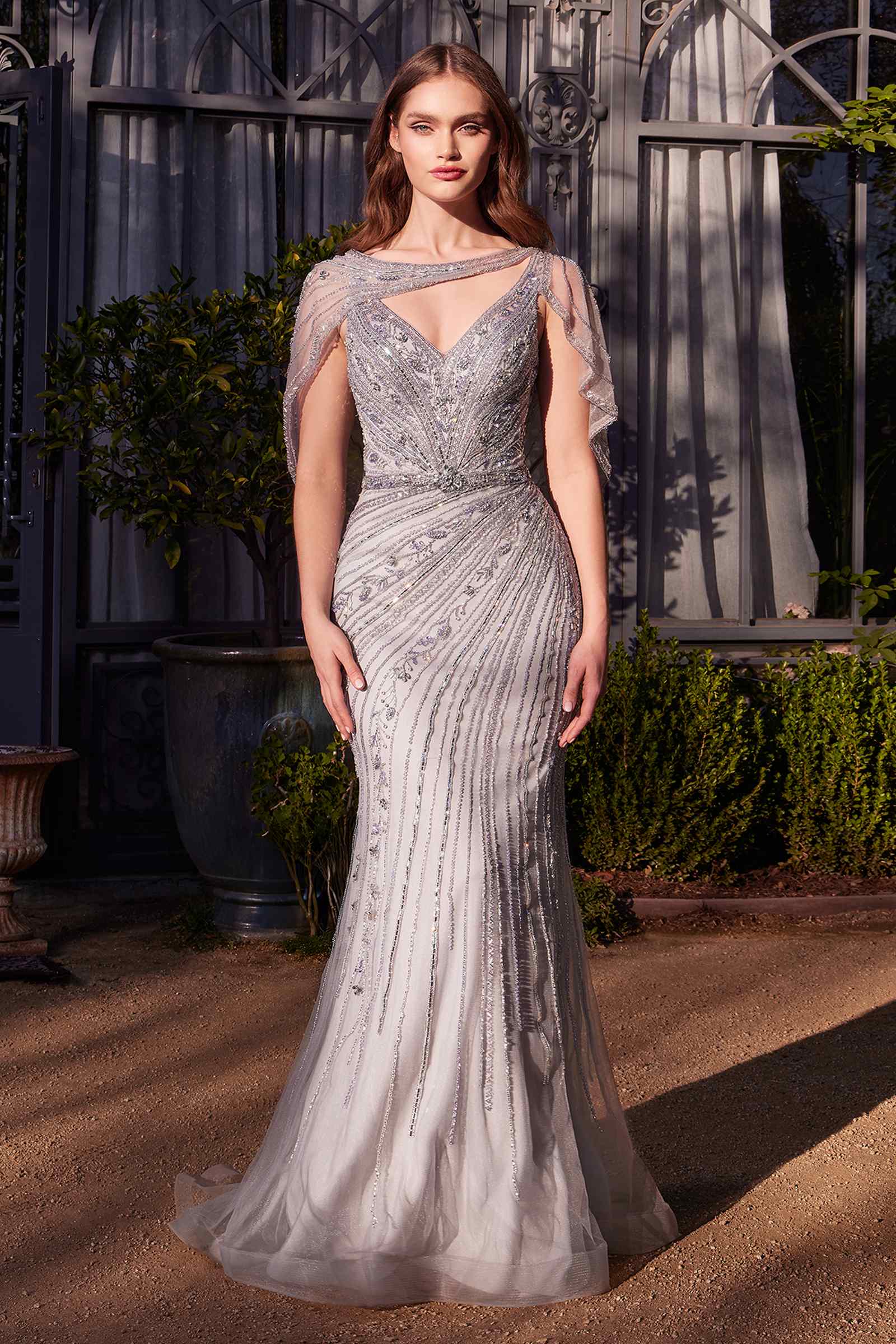 Andrea & Leo A1443 Dress Shoulder Drape Crystal Beaded Gown