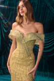Andrea & Leo A1507 Off the Shoulder Cascading Sequin Fitted Gown