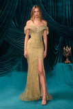 Andrea & Leo A1507 Off the Shoulder Cascading Sequin Fitted Gown