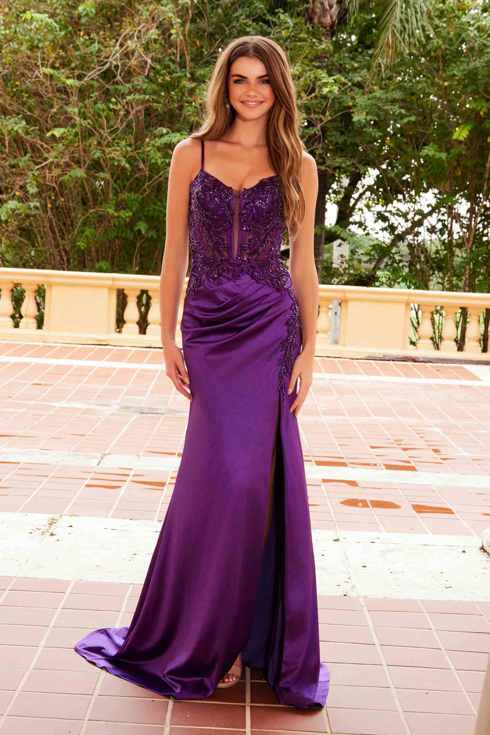 Nox Anabel A1585 Sleeveless Floral Applique Satin Dress with Slit