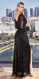 Ladivine B8422 Long Sleeve V-Neckline Leg Slit Sequin Gown