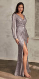 Ladivine B8422 Long Sleeve V-Neckline Leg Slit Sequin Gown
