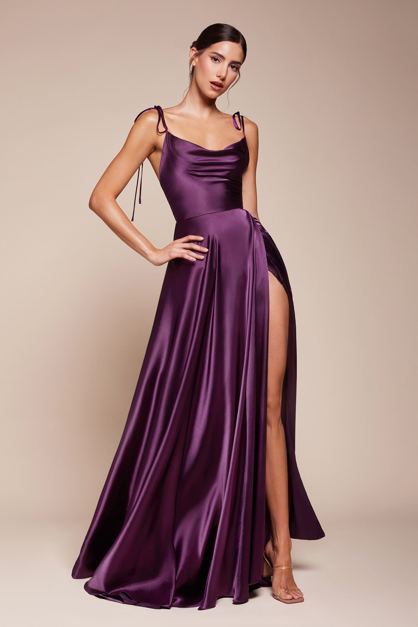 Cinderella Divine BD104 Satin A-Line Dress Cowl Neckline Tie Straps