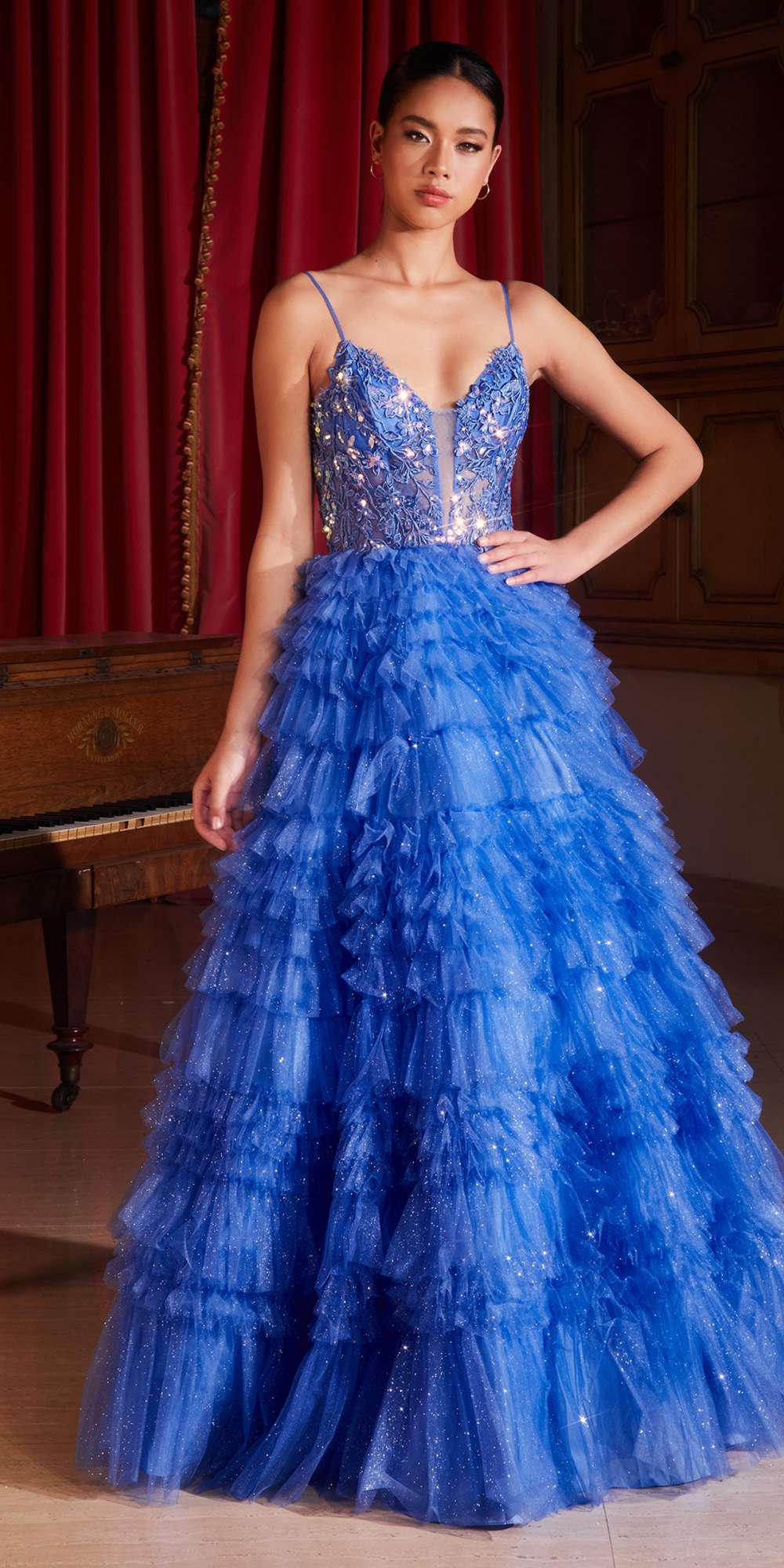 Ladivine C152 Long Glitter Flocked Tiered Ruffle A-Line Ball Gown