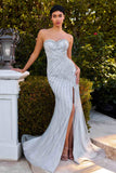 Ladivine C166 Dress Fitted Strapless Embellished Prom Gown - silver