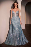 Ladivine C167 Dress Glitter Printed Fitted Gown With Overskirt
