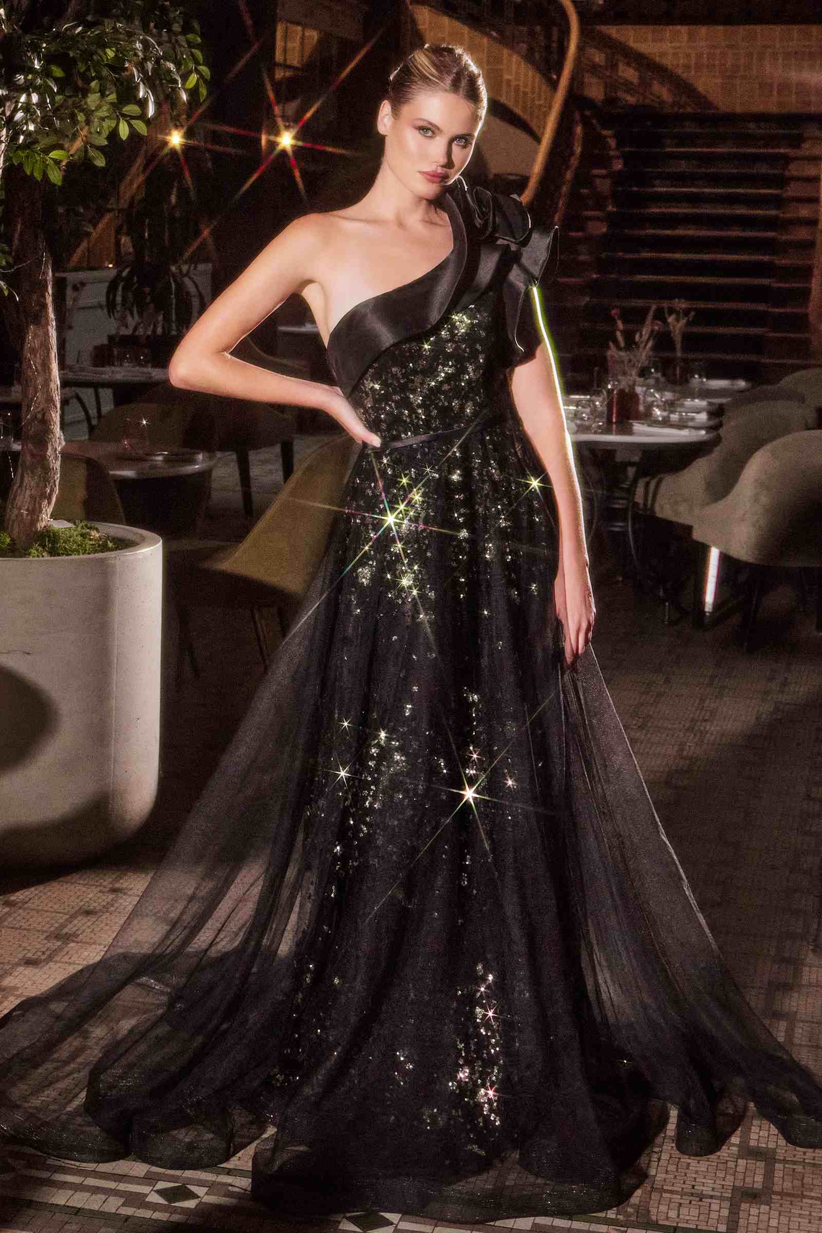 Ladivine CB157 Dress One Shoulder Black Ball Gown