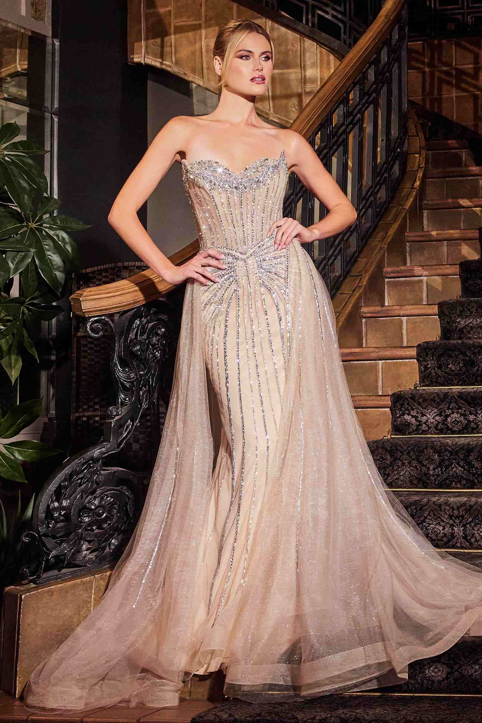Ladivine CB158 Strapless Crystal Embellished Gown With Overskirt