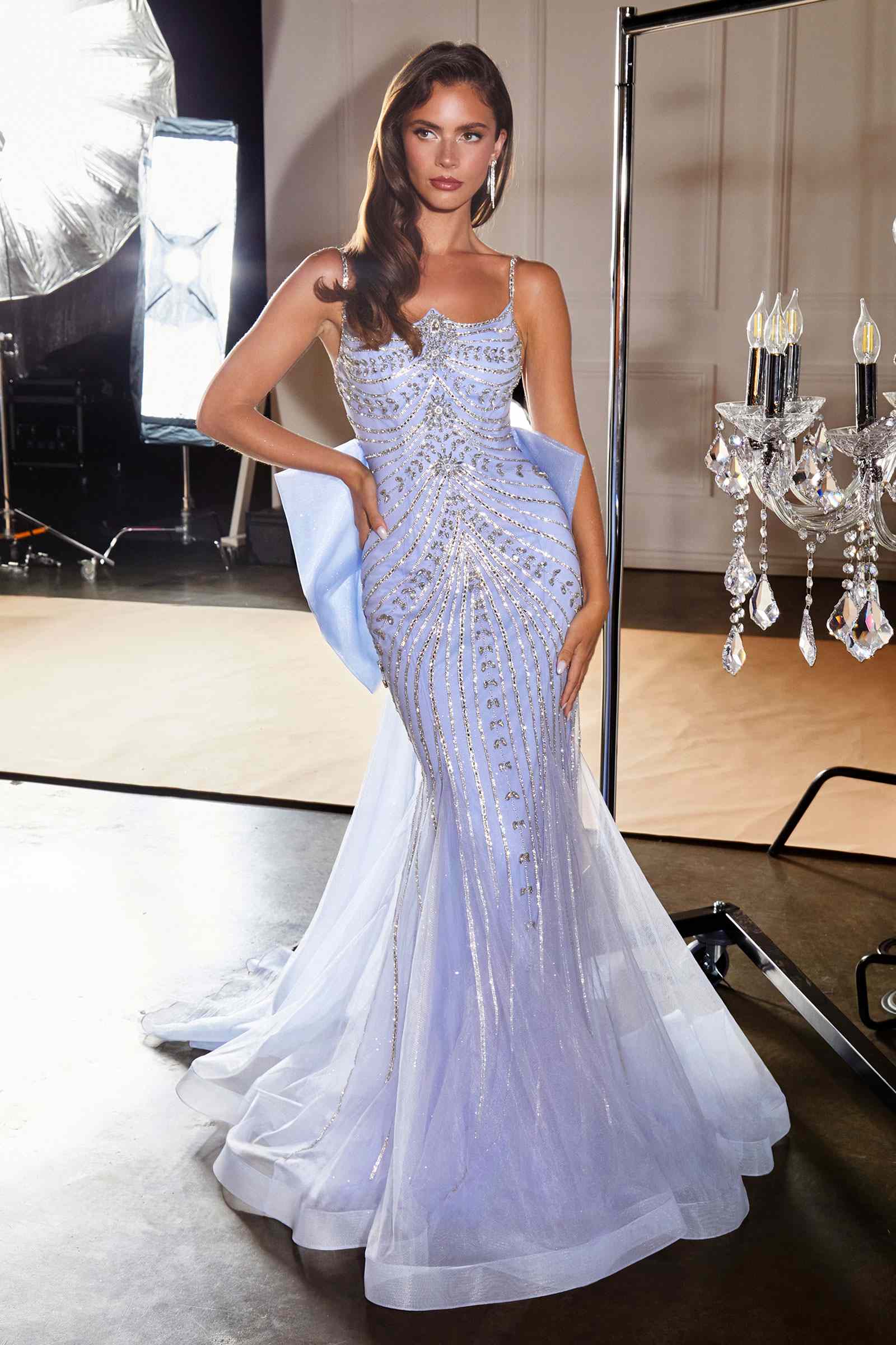 beaded cocktail dresses petite Sparkly Beaded Long Mermaid Prom Dress with Bow Train Blue / 2