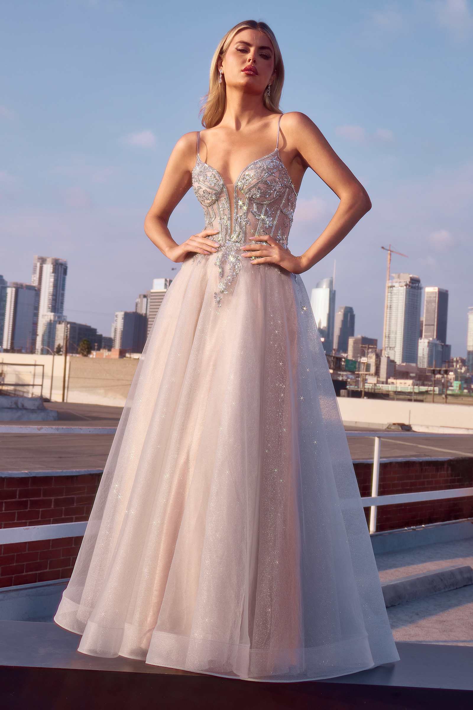 Ladivine CC0881 Dress A-Line Layered Tulle Gown & Lace Embellished Bodice