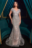 Ladivine CC0915 Cap Sleeve V-Neckline Mermaid Gown