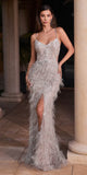 Ladivine CC2358 Long Feather Embellished Fitted Evening Gown