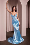 Ladivine CC2397 Dress Glitter Dusted Fitted Stretch Satin Gown - light blue