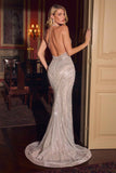 Ladivine CC2708 Sequin Fitted Halter Dress With Open Back Detail