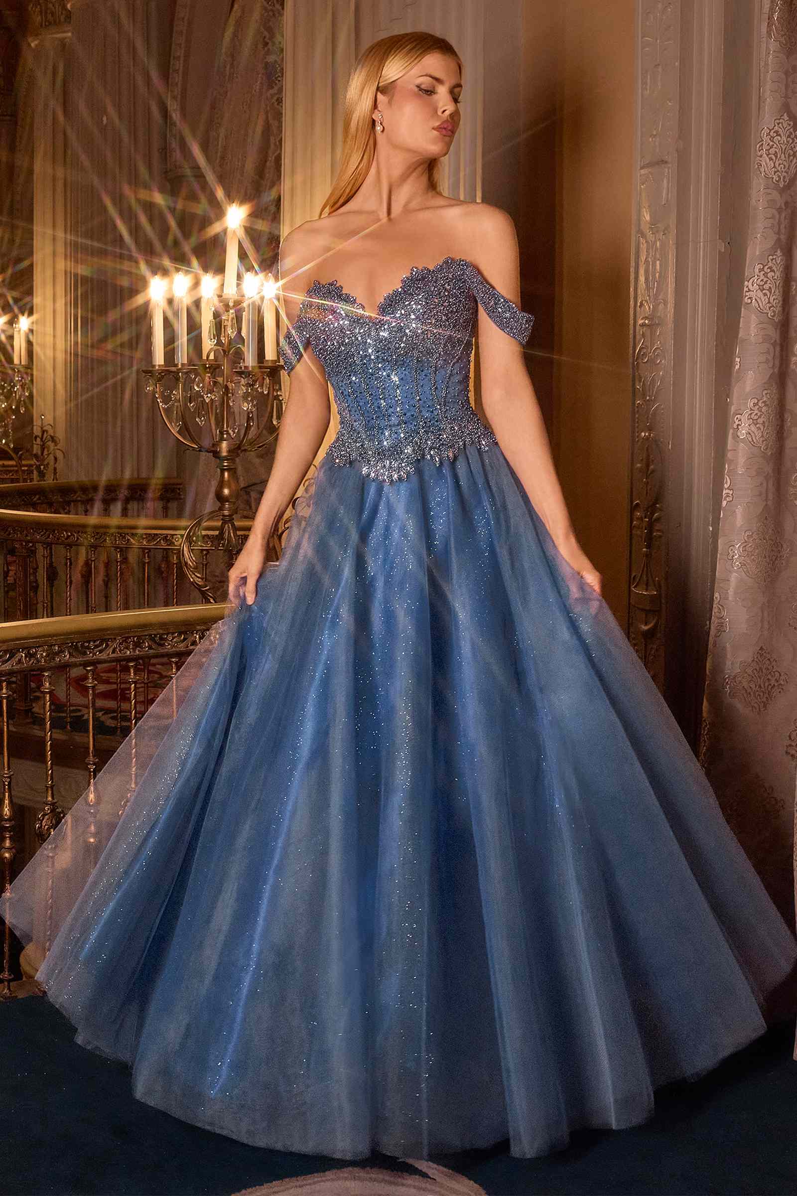 Ladivine CC471 Off Shoulder Glitter Tulle Corset Bodice A-line Ball Gown