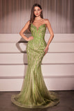 Ladivine CC6018 Long Strapless Rhinestone Embellished Mermaid Gown - greenery