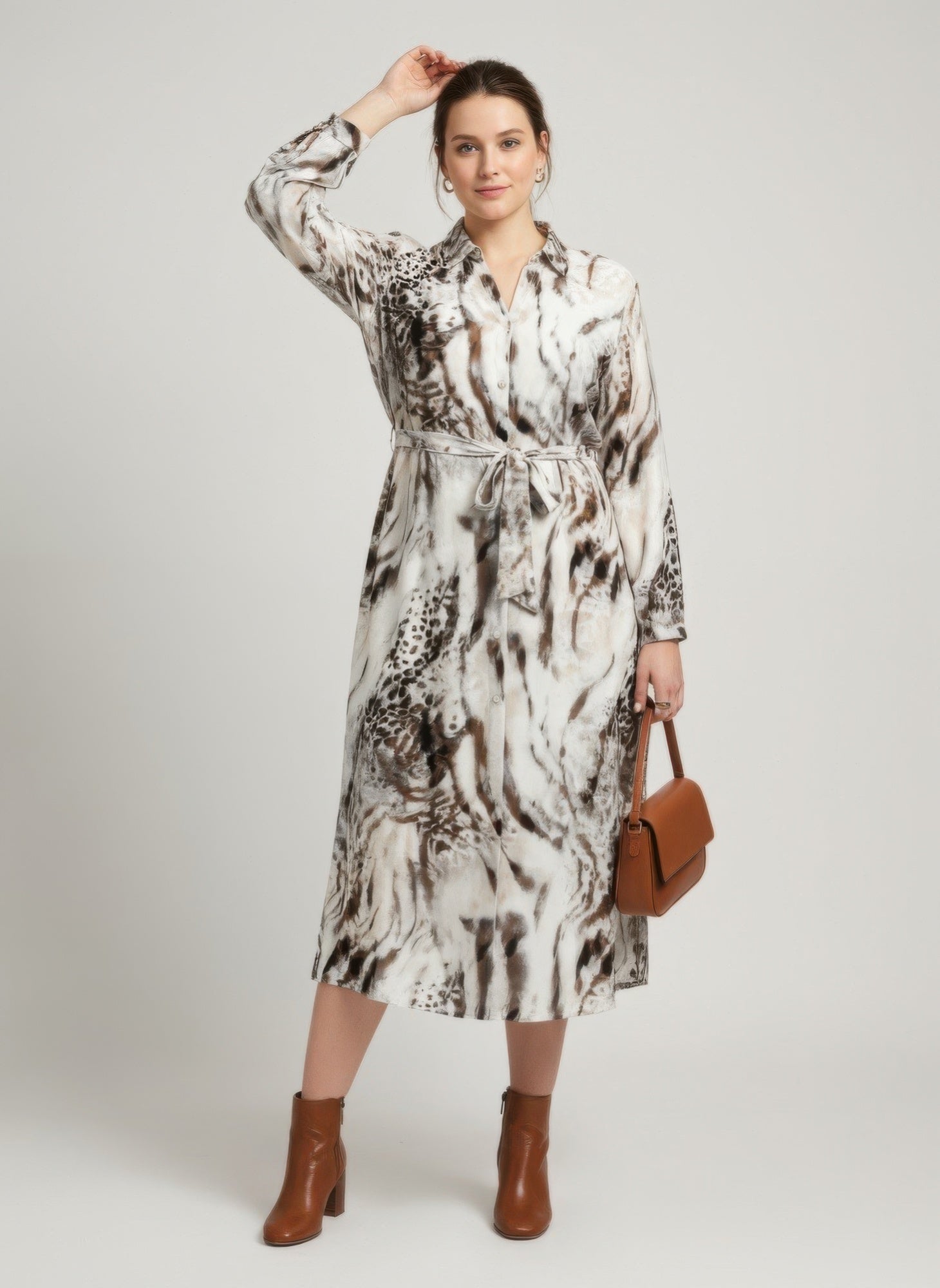 knee length dresses for ladies Brown Cheetah Print Short Sleeve Midi Shirt Dress – AX Paris