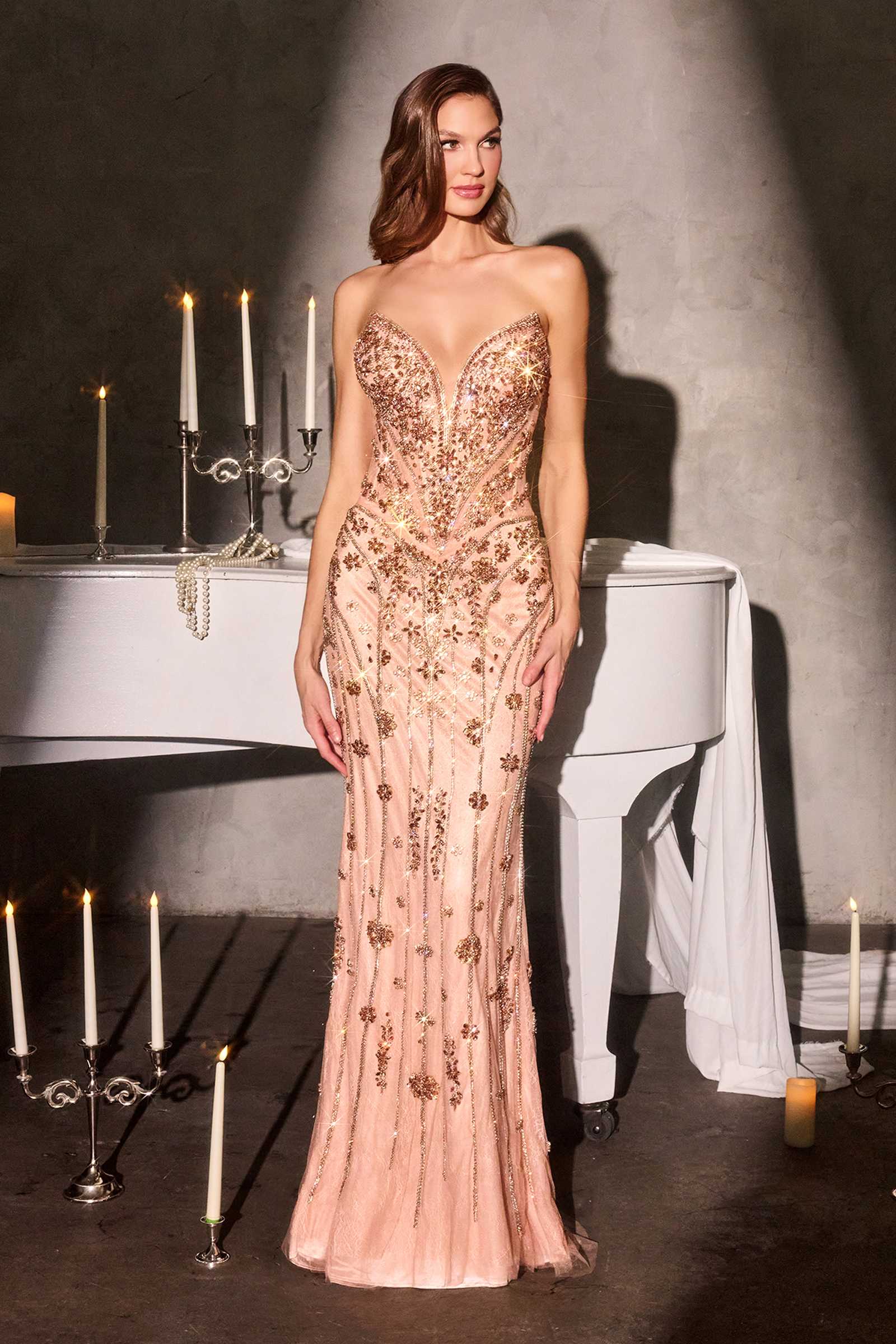 strapless open back dress Ladivine CC8271 Prom Dress - Rose Gold