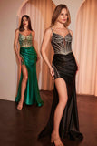 Ladivine CC8868 Dress Soft Satin Fitted Dress With Crystal Embellished Details - black - green
