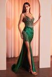 Ladivine CC8868 Dress Soft Satin Fitted Dress With Crystal Embellished Details - emerald