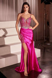 Ladivine CC8868 Dress Soft Satin Fitted Dress With Crystal Embellished Details - fuchsia