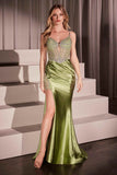 Ladivine CC8868 Dress Soft Satin Fitted Dress With Crystal Embellished Details - GREENERY