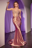 Ladivine CC8884 Dress Fitted Rose Gold Satin Gown With Beaded Bodice
