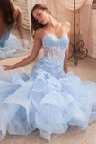 Ladivine CC8915 Long Rose Lace Applique Tiered Skirt Mermaid Dress