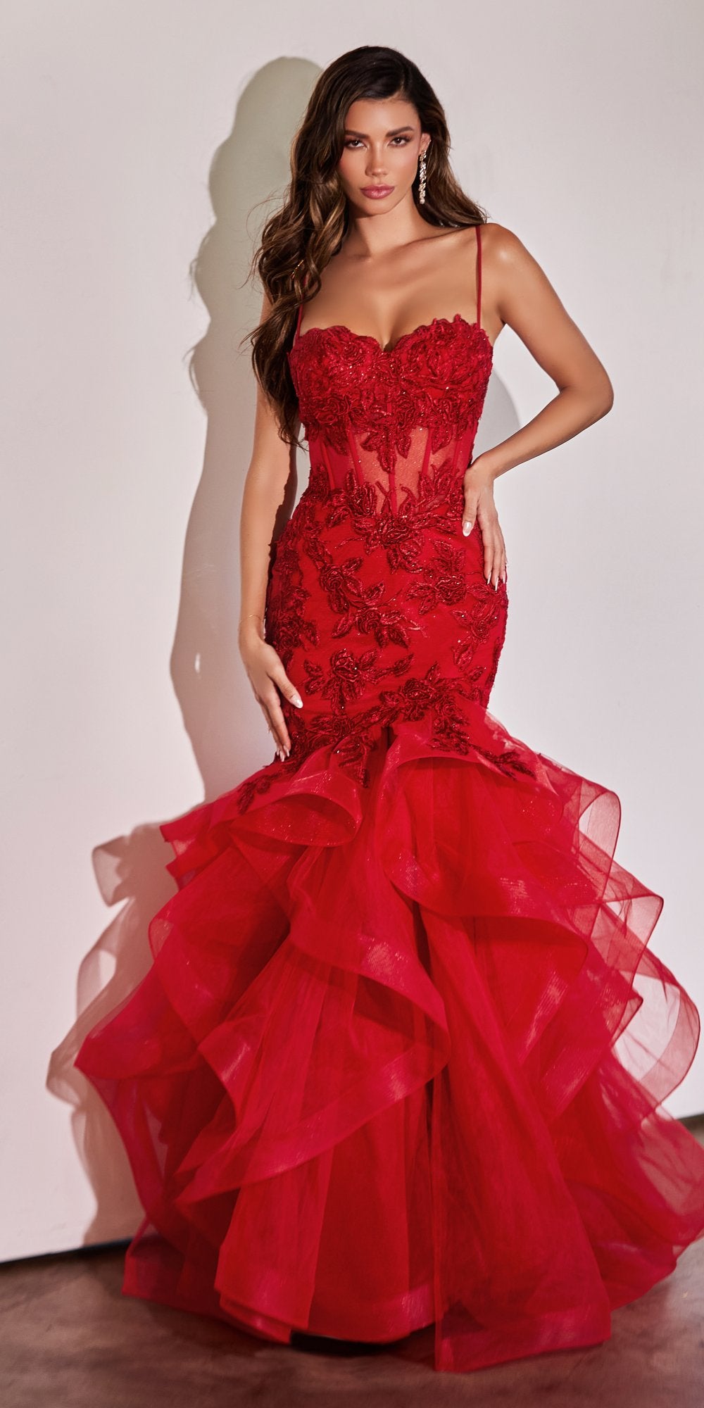 Ladivine CC8915 Long Rose Lace Applique Tiered Skirt Mermaid Dress