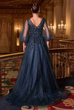 Ladivine CD0101 V-Neckline Long Sleeves Layered Tulle Skirt A-Line Gown