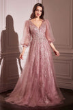 Ladivine CD0102 Dress Long Sleeve Layered Tulle A-Line Gown - rose gold