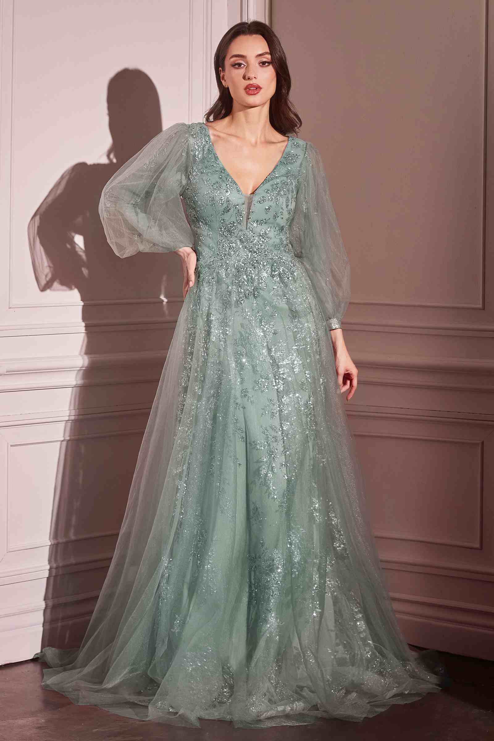 Ladivine CD0102 Dress Long Sleeve Layered Tulle A-Line Gown - SAGE