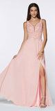 Cinderella Divine CD0133 Floor Length A-Line Chiffon Gown Peach Lace Bodice With Slit