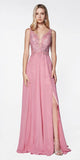 Cinderella Divine CD0133 Floor Length A-Line Chiffon Gown Rose Lace Bodice With Slit
