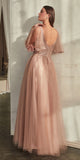 Ladivine CD0175 Floor Length Layered Tulle A-Line Gown Butterfly Sleeve - Mocha Gold