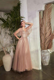 Ladivine CD0175 Floor Length Layered Tulle A-Line Gown Butterfly Sleeve - Mocha Gold