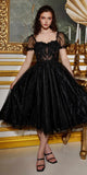 Ladivine CD0187 Tea Length Layered Tulle Dress with Short Puff Sleeves