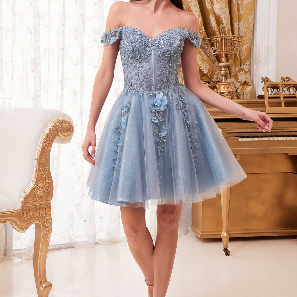 Cinderella Divine CD0194 Sparkling Lace Off Shoulder Short Dress