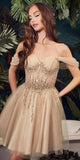 CLEARANCE - Ladivine CD0211 Off The Shoulder Embellished A-Line Smokey Blue Dress (Size XXS)
