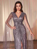 Ladivine CD0239 Long Sleeve Fully Beaded Sheath Gown - ENGLISH VIOLET
