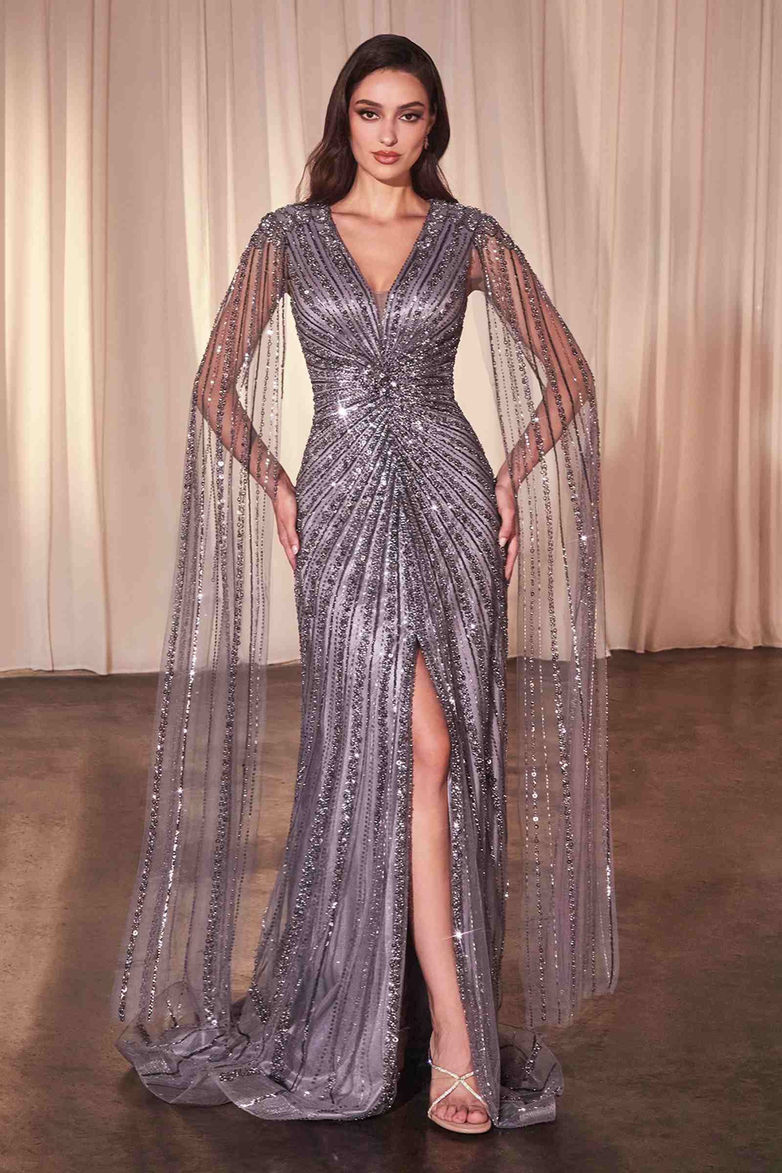 Ladivine CD0239 Long Sleeve Fully Beaded Sheath Gown - ENGLISH VIOLET