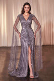 Ladivine CD0239 Long Sleeve Fully Beaded Sheath Gown - ENGLISH VIOLET