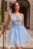 Ladivine CD2431 One-Shoulder Floral Appliqué Corset Homecoming Dress