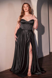 Ladivine CD337C Long A-Line Slit Satin Bustier Prom Dress