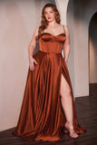 Ladivine CD337C Long A-Line Slit Satin Bustier Prom Dress